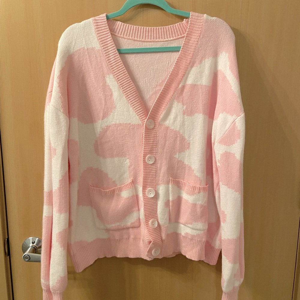 Pink Cow print cardigan (Steady Hands Medium)